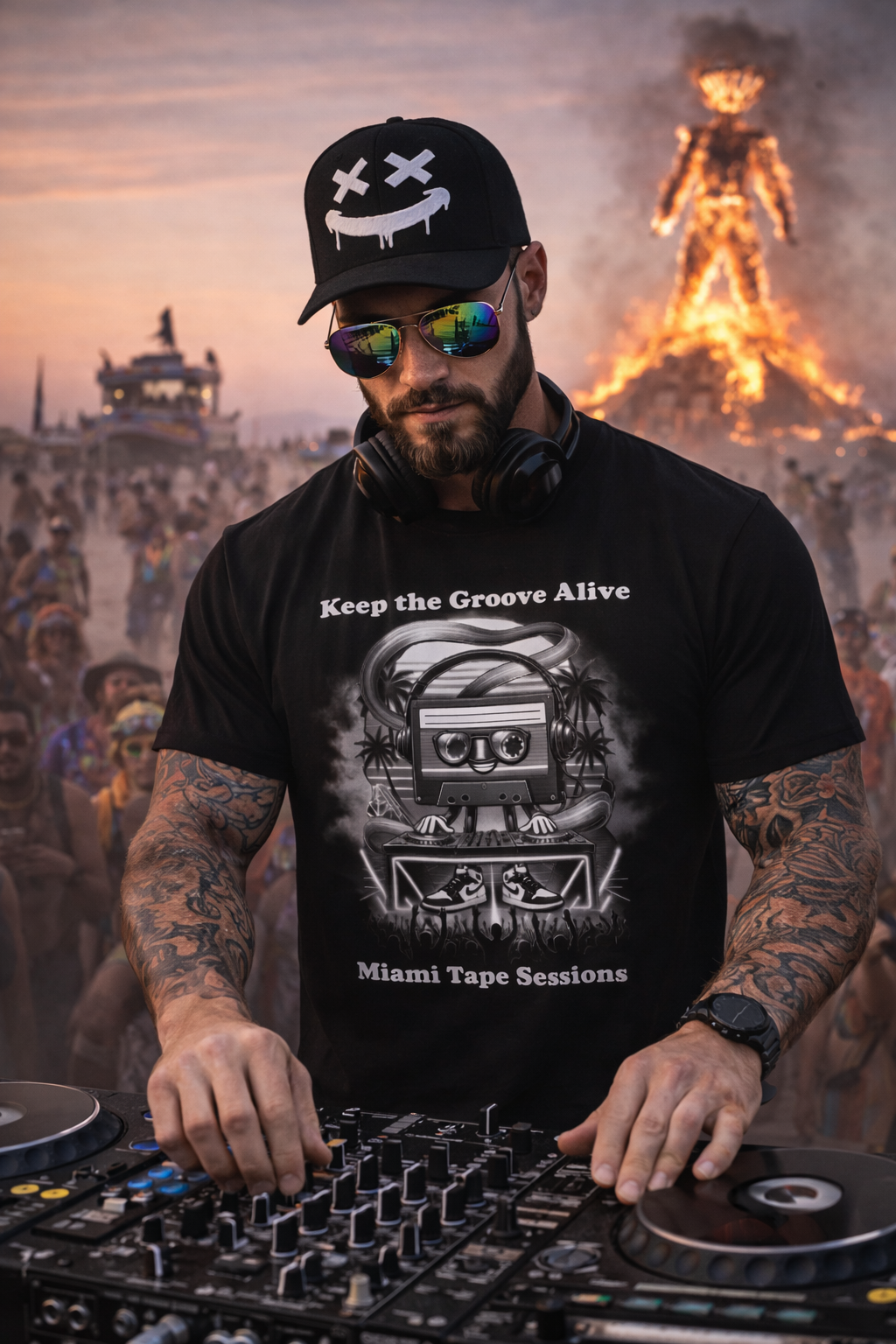 Miami Tape Sessions DJ T-Shirt | Retro Cassette Graphic Tee | Grooveman Music