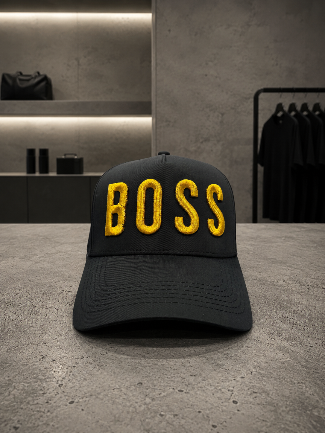 BOSS Black Cap with Gold 3D Embroidery – Premium Adjustable Streetwear Hat | Grooveman