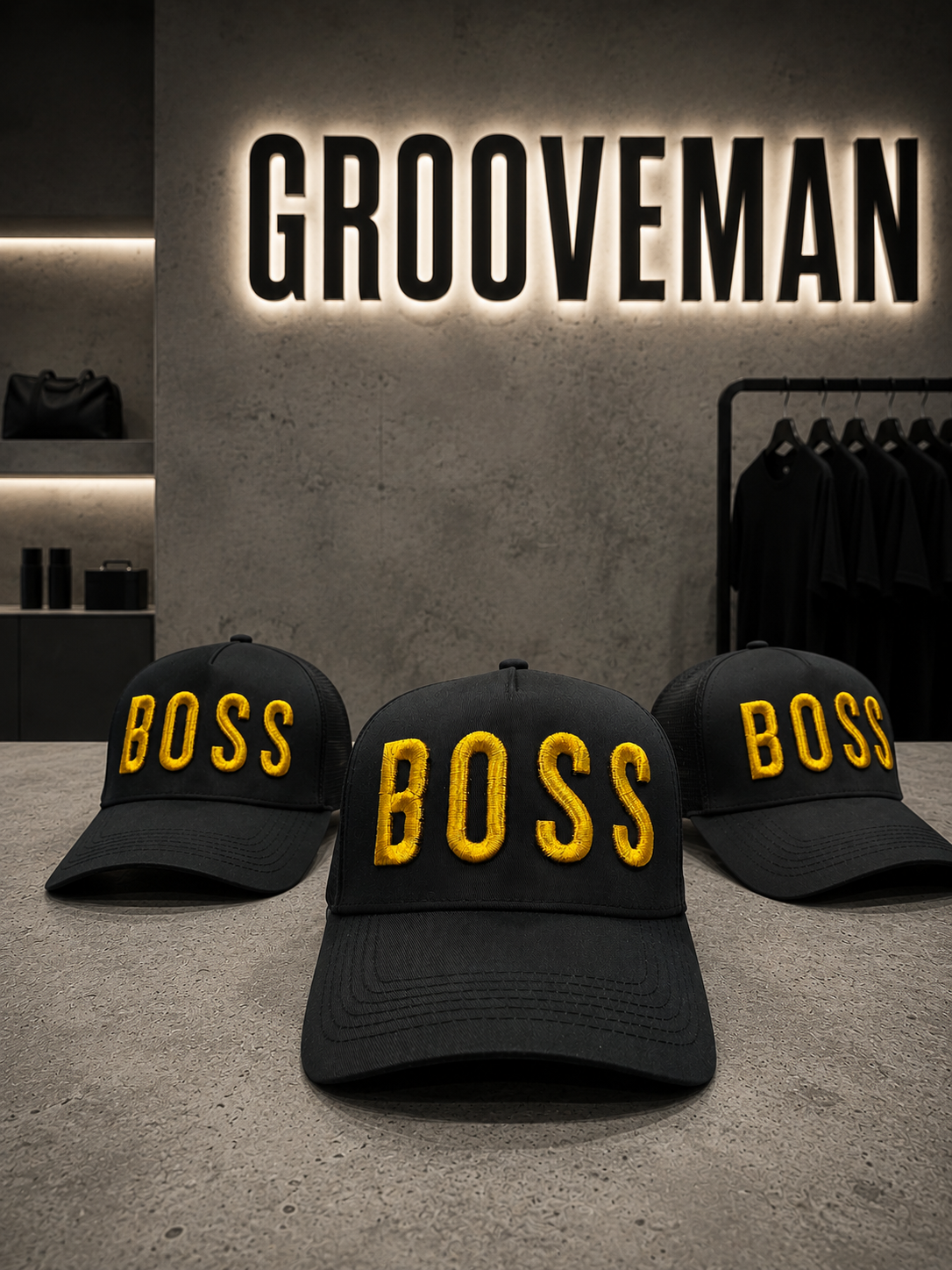 BOSS Black Cap with Gold 3D Embroidery – Premium Adjustable Streetwear Hat | Grooveman
