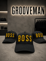 BOSS Black Cap with Gold 3D Embroidery – Premium Adjustable Streetwear Hat | Grooveman