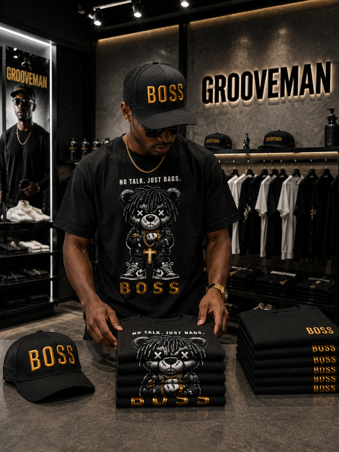 BOSS Black Cap with Gold 3D Embroidery – Premium Adjustable Streetwear Hat | Grooveman