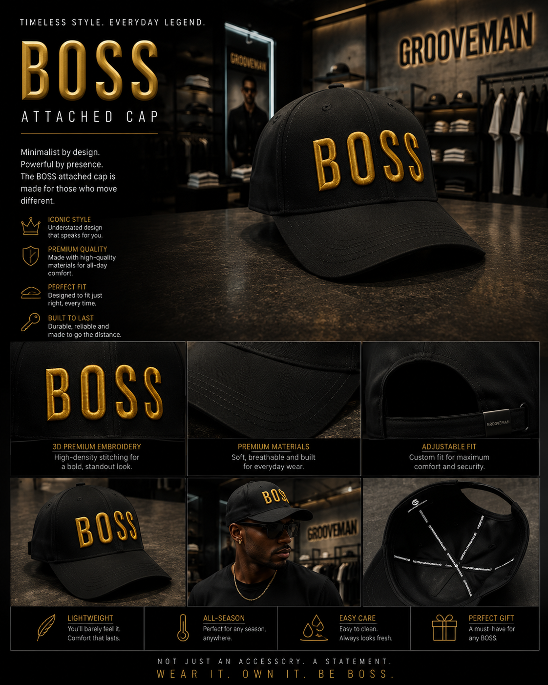 BOSS Black Cap with Gold 3D Embroidery – Premium Adjustable Streetwear Hat | Grooveman