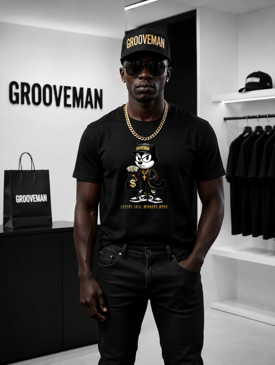 Felix The Cat Black Graphic T-Shirt – Luxury Streetwear Tee with Gold Details | Grooveman Music