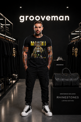 Miami Teddy Bear Rhinestone T-Shirt Black & Gold – Premium Streetwear Graphic Tee | Grooveman