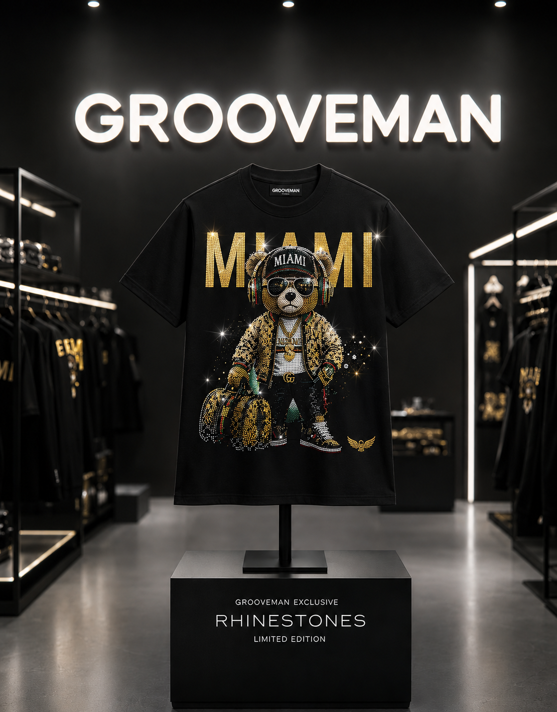 Miami Teddy Bear Rhinestone T-Shirt Black & Gold – Premium Streetwear Graphic Tee | Grooveman