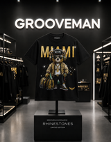 Miami Teddy Bear Rhinestone T-Shirt Black & Gold – Premium Streetwear Graphic Tee | Grooveman