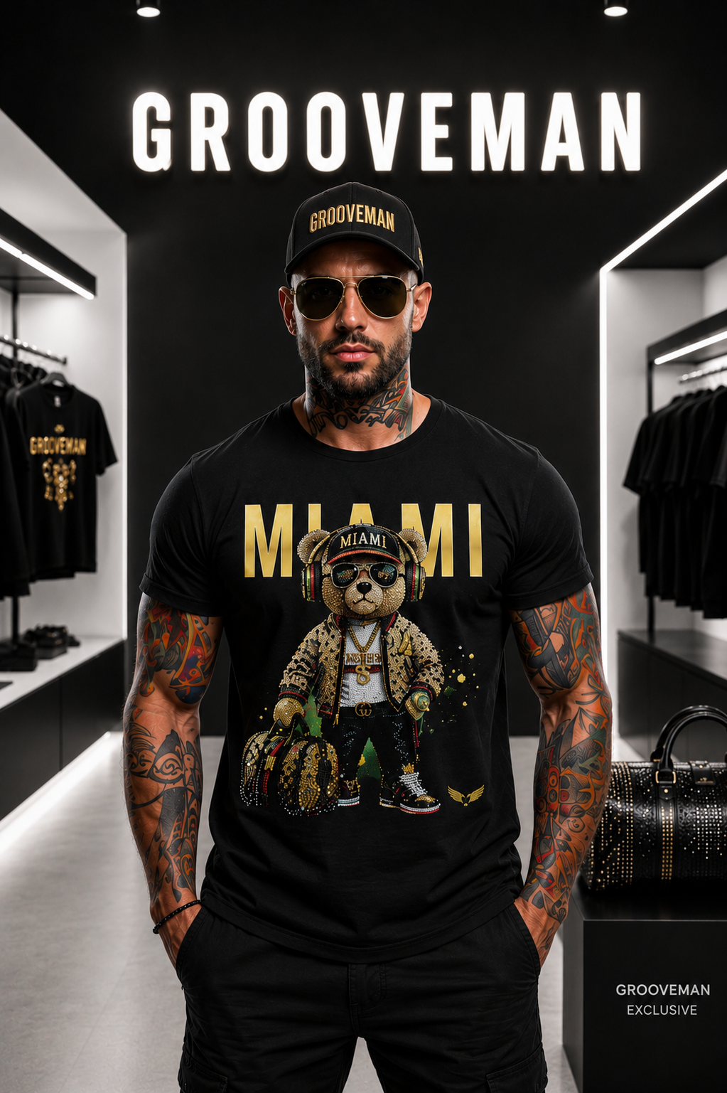 Miami Teddy Bear Rhinestone T-Shirt Black & Gold – Premium Streetwear Graphic Tee | Grooveman