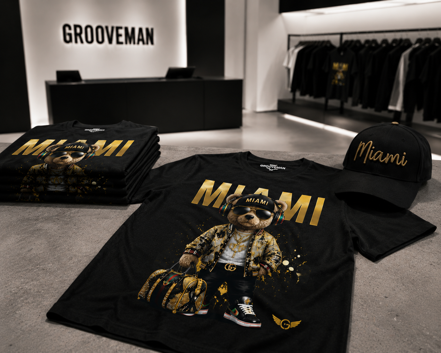 Miami Teddy Bear Rhinestone T-Shirt Black & Gold – Premium Streetwear Graphic Tee | Grooveman