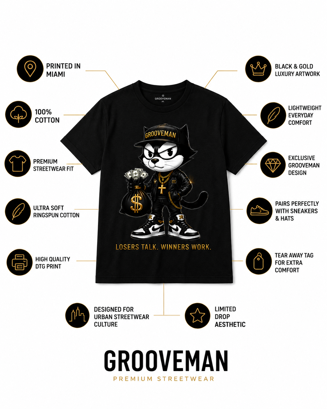 Felix The Cat Black Graphic T-Shirt – Luxury Streetwear Tee with Gold Details | Grooveman Music