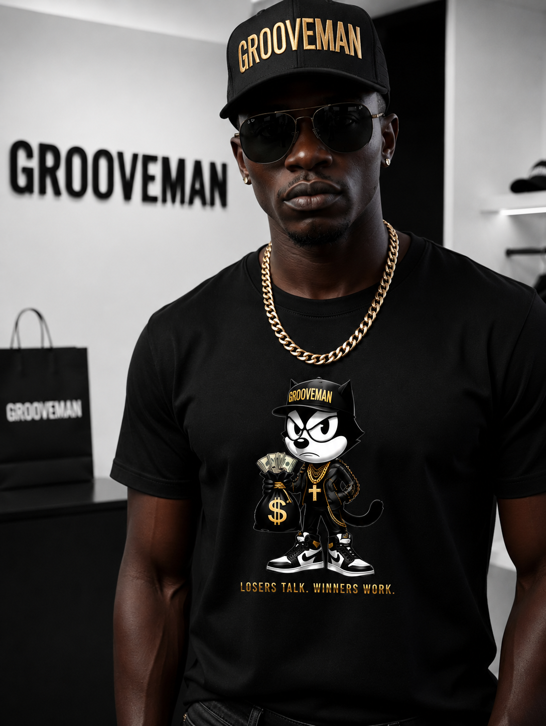 Felix The Cat Black Graphic T-Shirt – Luxury Streetwear Tee with Gold Details | Grooveman Music