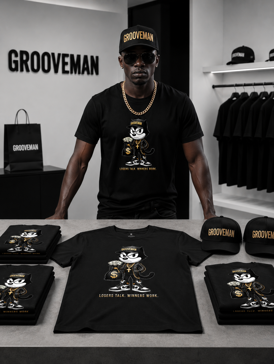 Felix The Cat Black Graphic T-Shirt – Luxury Streetwear Tee with Gold Details | Grooveman Music