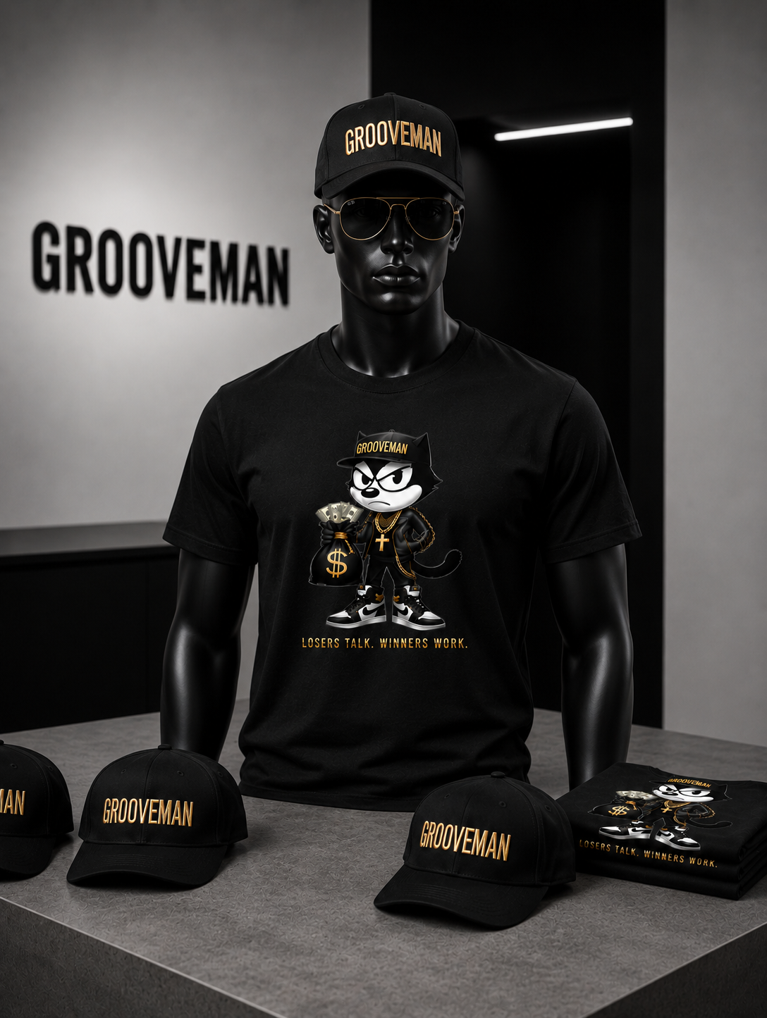 Felix The Cat Black Graphic T-Shirt – Luxury Streetwear Tee with Gold Details | Grooveman Music
