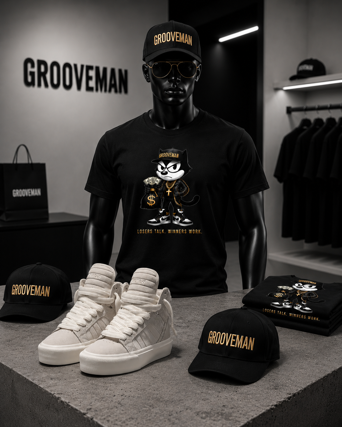 Felix The Cat Black Graphic T-Shirt – Luxury Streetwear Tee with Gold Details | Grooveman Music