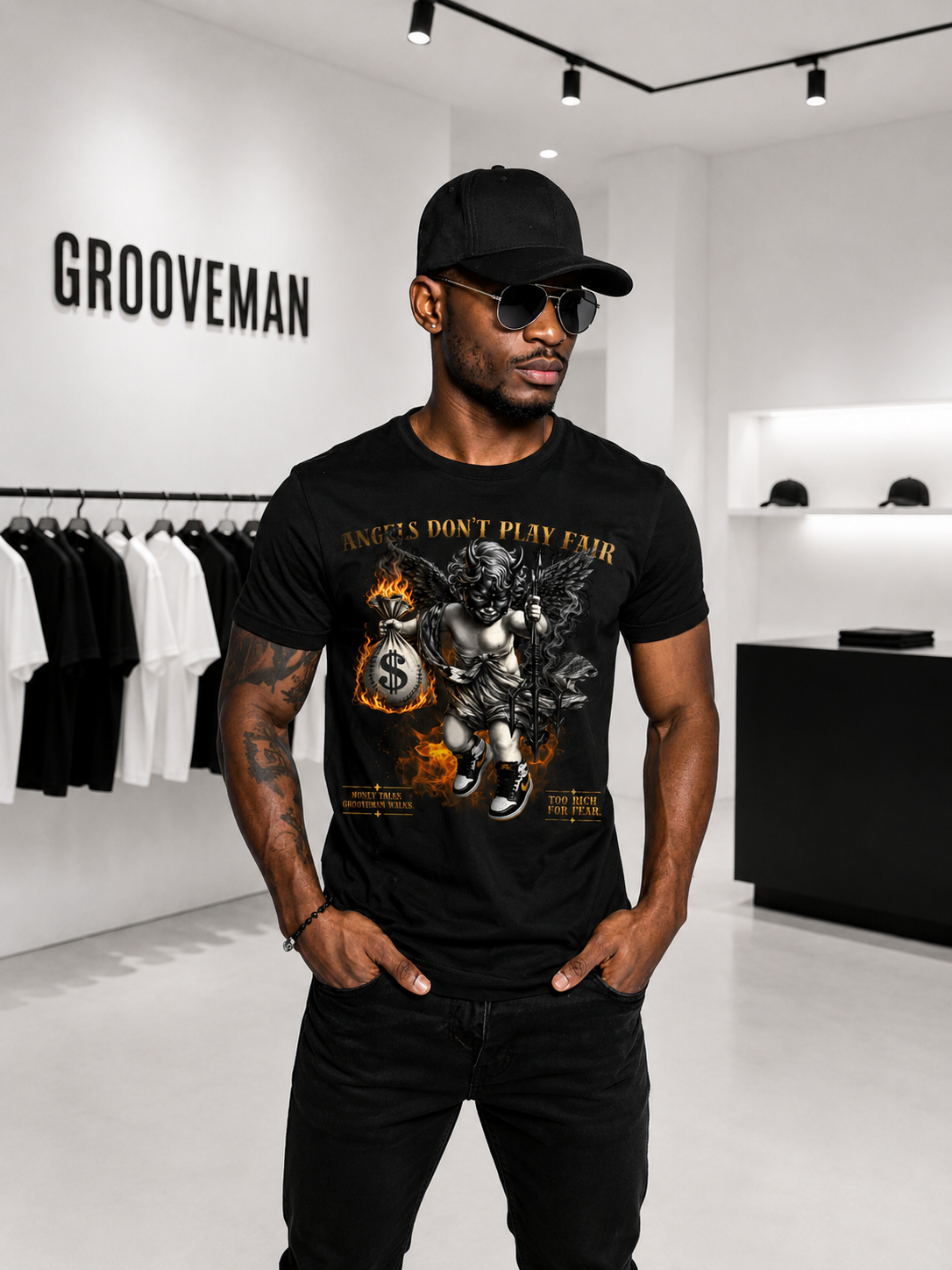 Grooveman Angels Don’t Play Fair Graphic T-Shirt – Premium Black Streetwear Tee