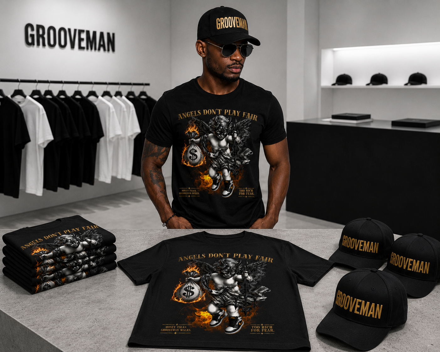 Grooveman Angels Don’t Play Fair Graphic T-Shirt – Premium Black Streetwear Tee