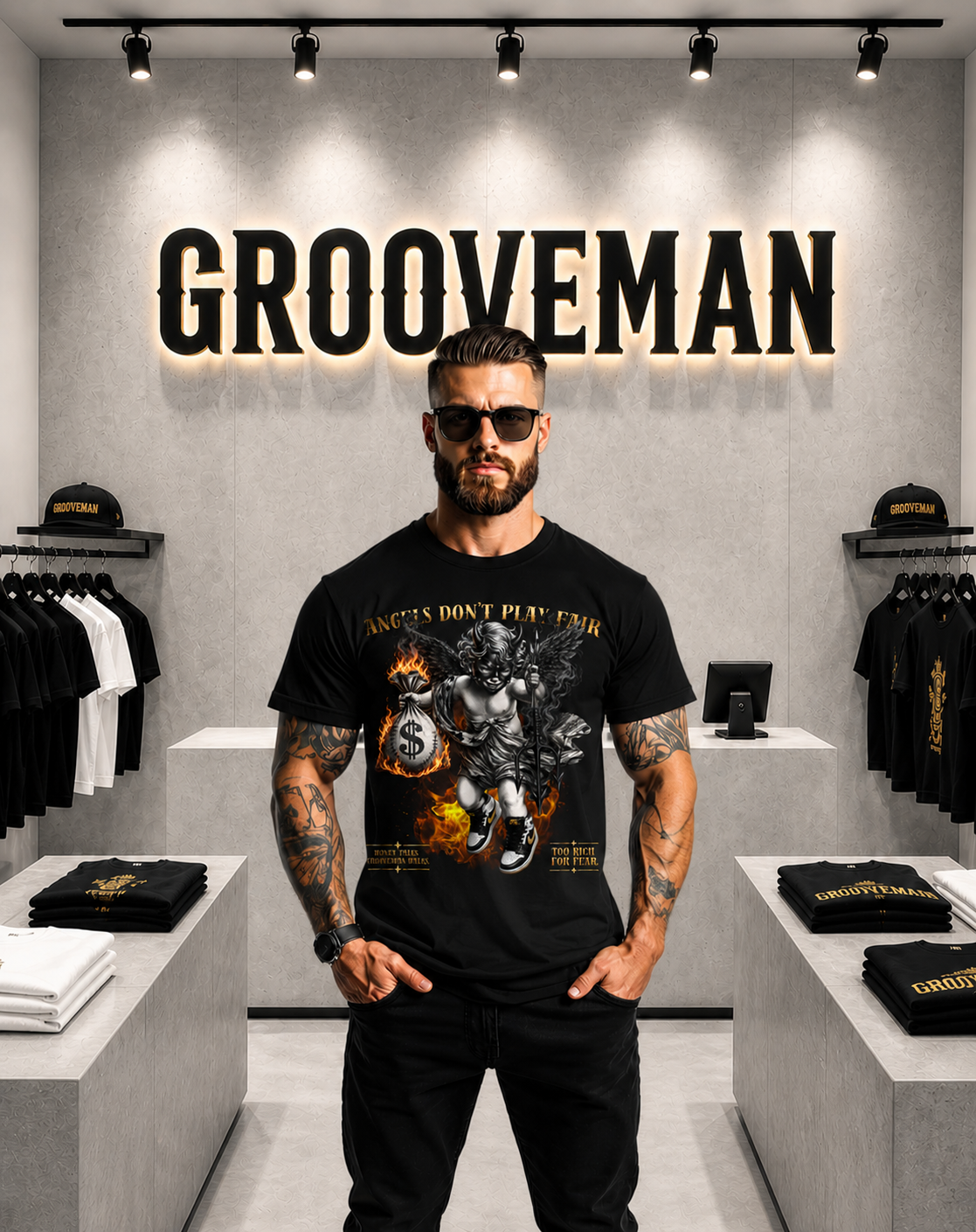 Grooveman Angels Don’t Play Fair Graphic T-Shirt – Premium Black Streetwear Tee