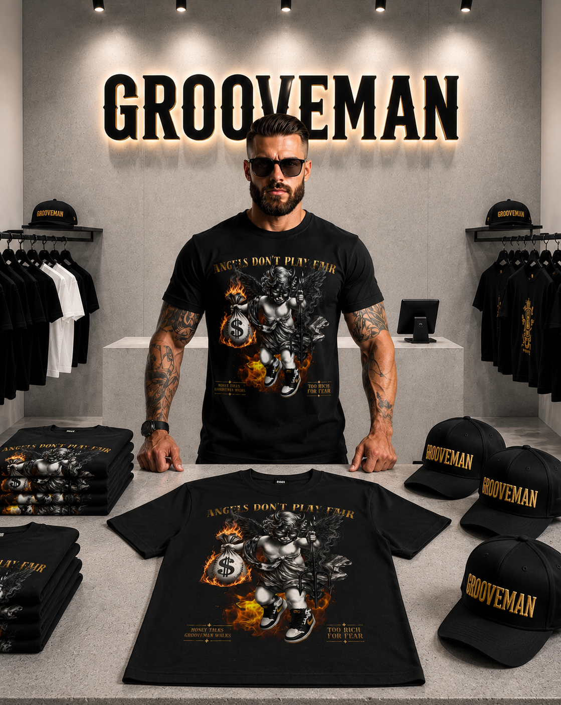 Grooveman Angels Don’t Play Fair Graphic T-Shirt – Premium Black Streetwear Tee