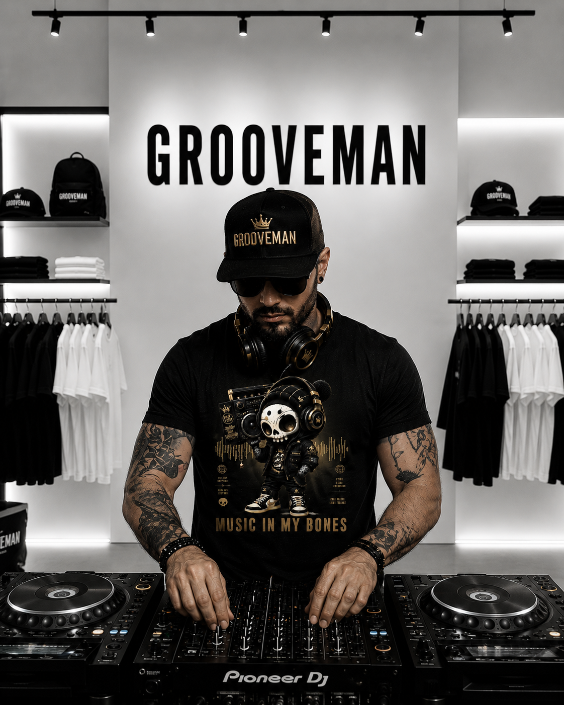 Grooveman "Music In My Bones" Black Collection T-Shirt | Premium Streetwear DJ Festival Tee