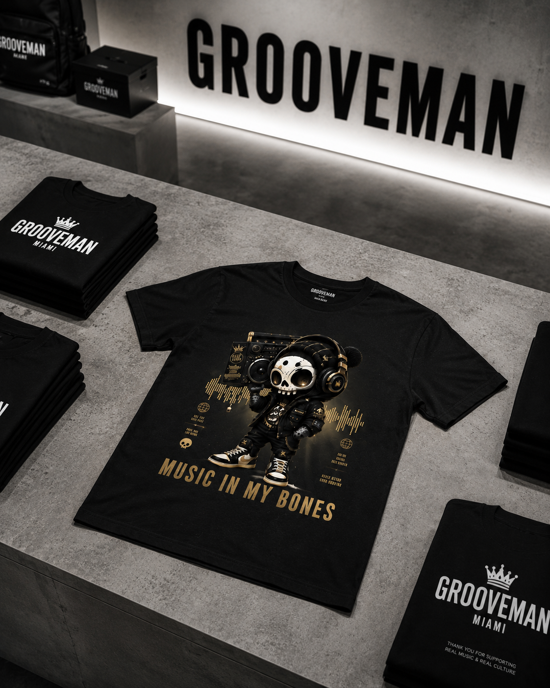 Grooveman "Music In My Bones" Black Collection T-Shirt | Premium Streetwear DJ Festival Tee