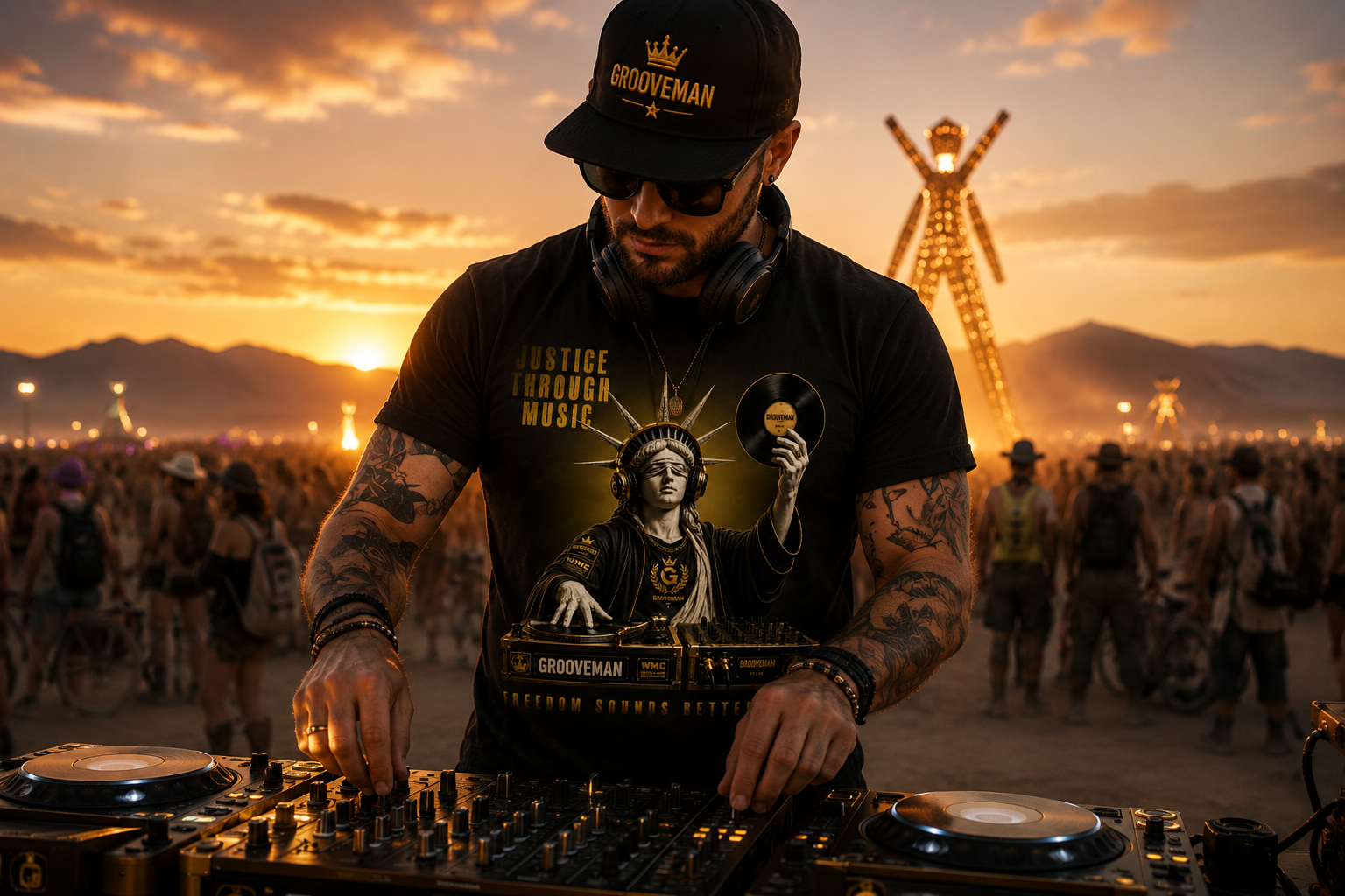 Grooveman “Justice Through Music” Black Graphic T-Shirt – Premium DJ Streetwear Tee