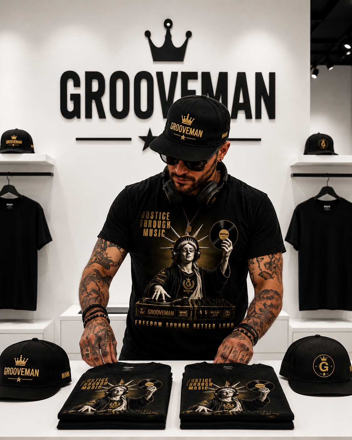 Grooveman “Justice Through Music” Black Graphic T-Shirt – Premium DJ Streetwear Tee