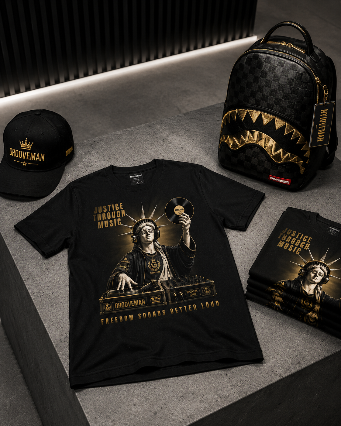 Grooveman “Justice Through Music” Black Graphic T-Shirt – Premium DJ Streetwear Tee