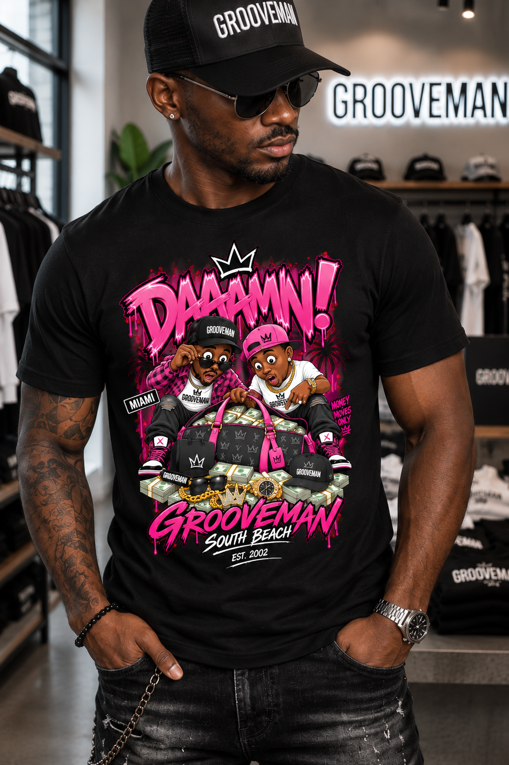 DAAAMN! Pink Miami Streetwear Graphic T-Shirt