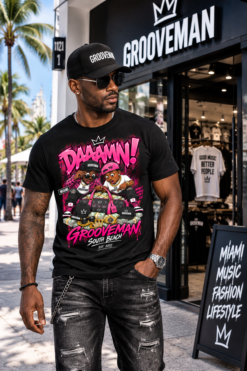 DAAAMN! Pink Miami Streetwear Graphic T-Shirt