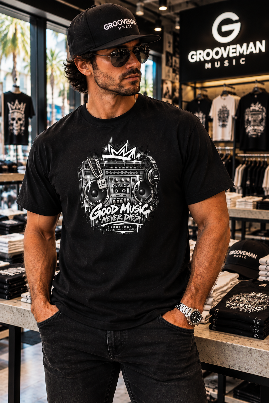 Good Music Never Dies Graphic T-Shirt | Grooveman Black Collection