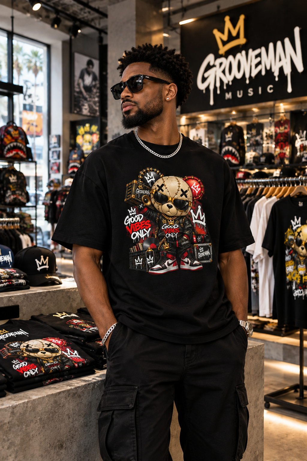 Good Vibes Only Bear Graphic T-Shirt – Hustle Streetwear Tee | Grooveman