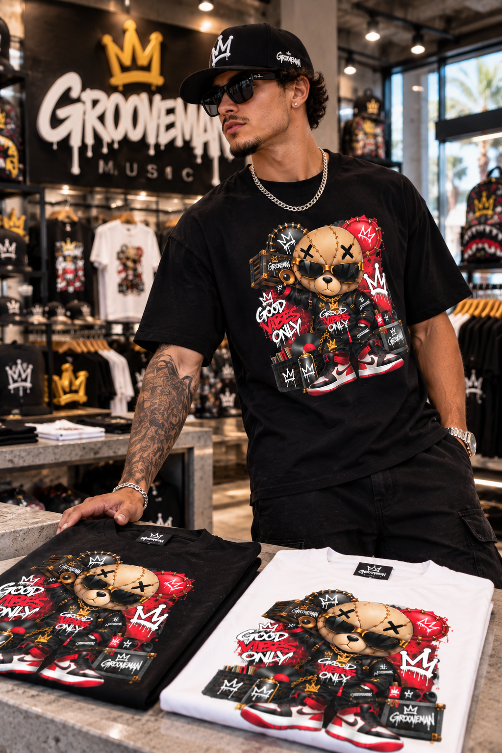 Good Vibes Only Bear Graphic T-Shirt – Hustle Streetwear Tee | Grooveman