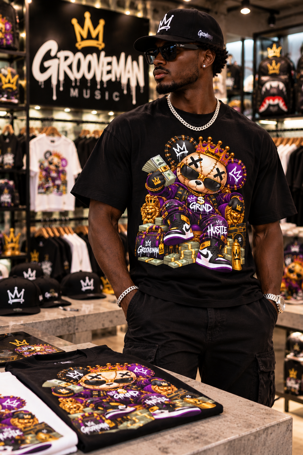 Grind & Hustle Bear Men’s Graphic T-Shirt – Money Streetwear Tee | Grooveman