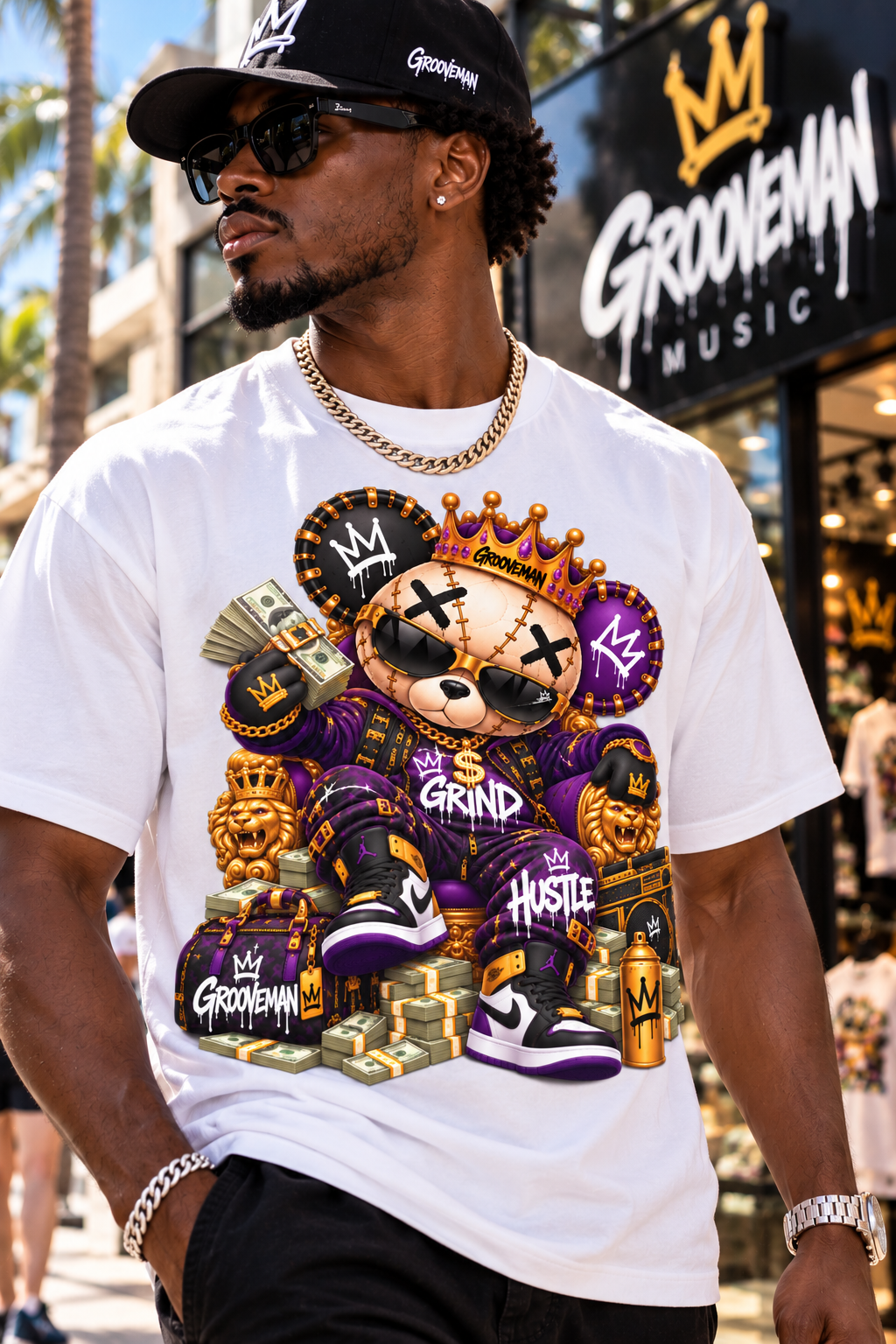 Grind & Hustle Bear Men’s Graphic T-Shirt – Money Streetwear Tee | Grooveman