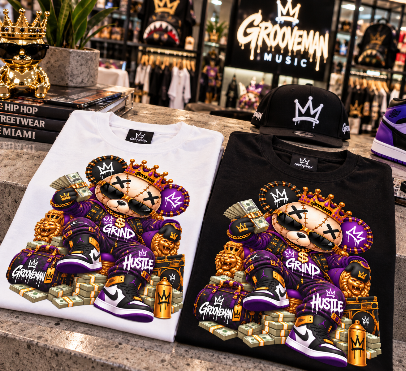 Grind & Hustle Bear Men’s Graphic T-Shirt – Money Streetwear Tee | Grooveman