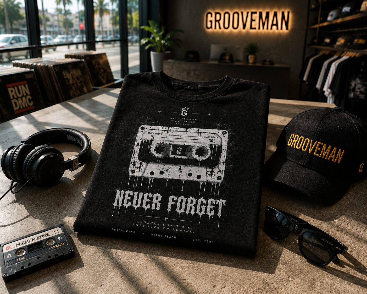 Never Forget Cassette T-Shirt – Retro Music Graphic Tee | Grooveman Miami Beach