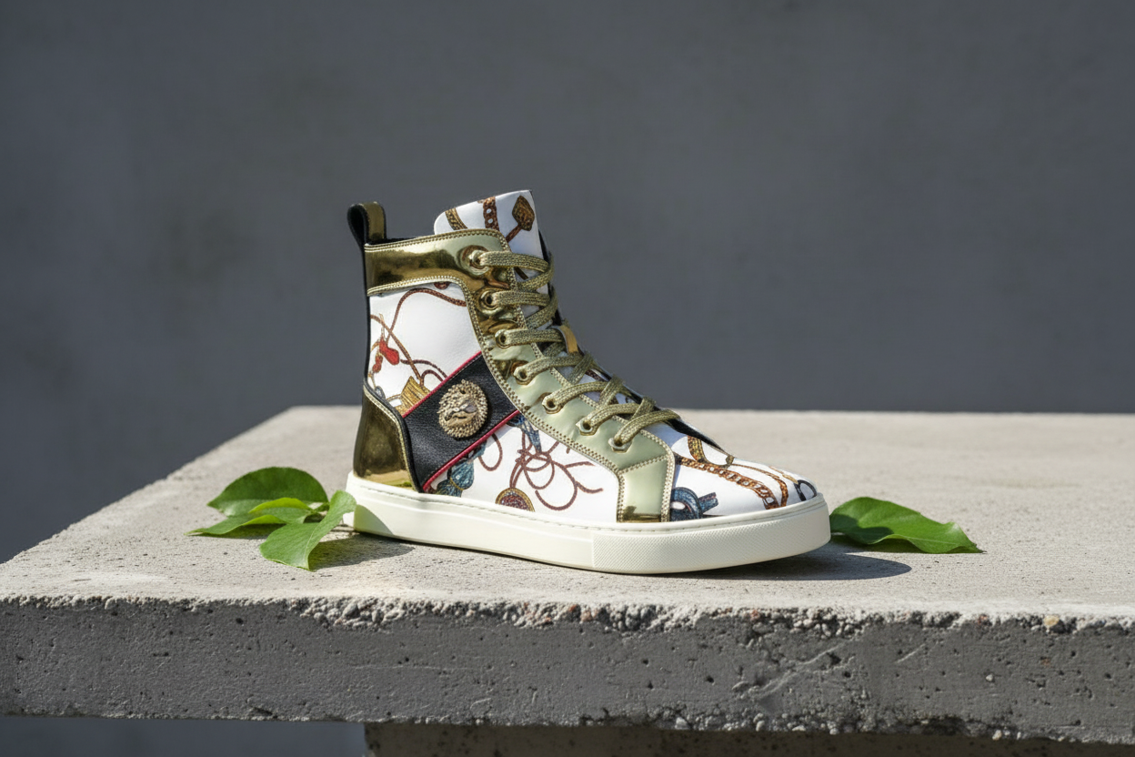 Condition  New

Upper Material: Micro Leather

Lining: Leather

Color: Black

Sole: Black Red

Feature: Lace up. Gold trimming, Gold Lion