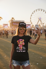 Black t-shirt with a bear graphic and text on a dark background