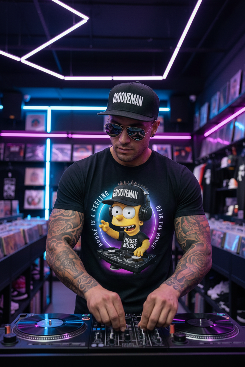 Black t-shirt with a cartoon character DJing on a hanger against a dark background