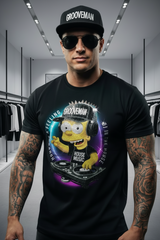 Black t-shirt with a cartoon character on a hanger against a dark background