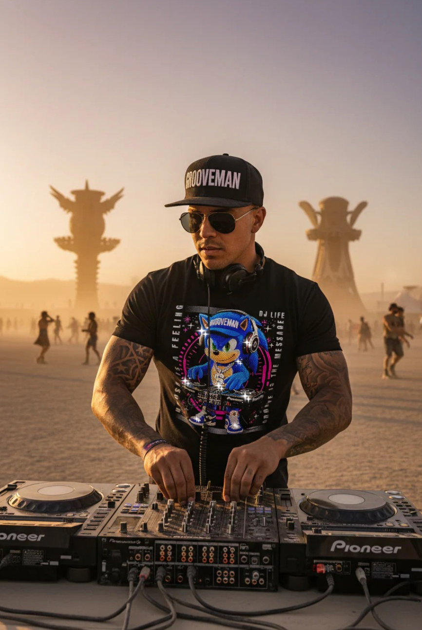 DJ operating turntables at a music festival with a scenic background