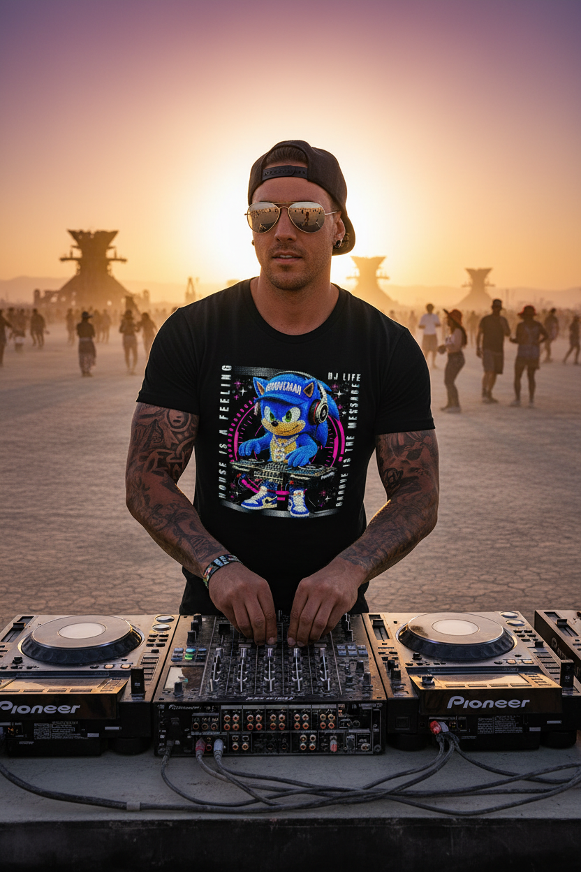 Black t-shirt with Sonic the Hedgehog graphic on a hanger against a dark background