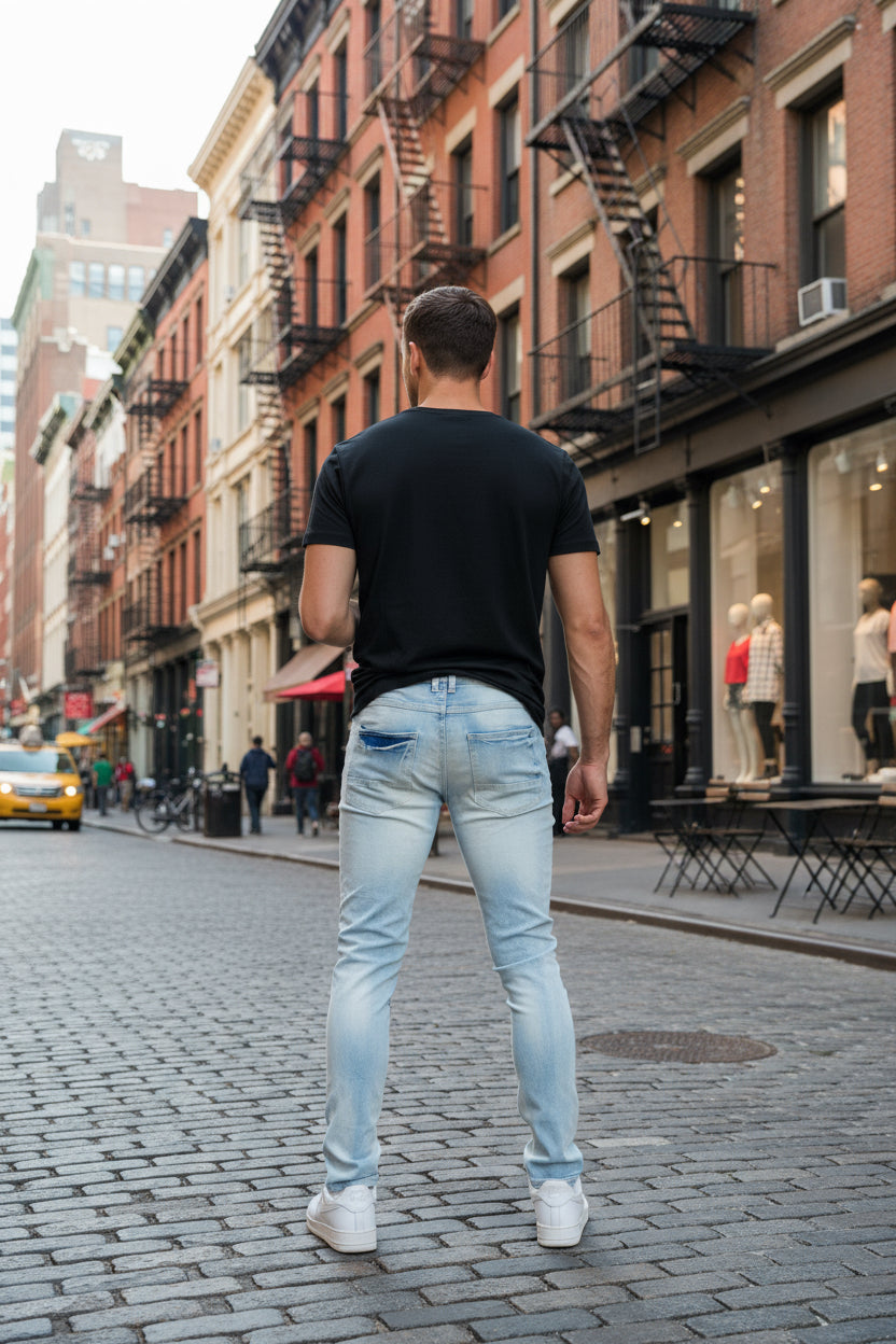 Light blue jeans worn by a person on a white background