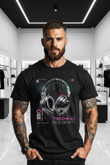 Man wearing a black t-shirt with a techno design on a white background