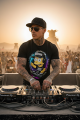 Black t-shirt with a cartoon character on a hanger against a dark background