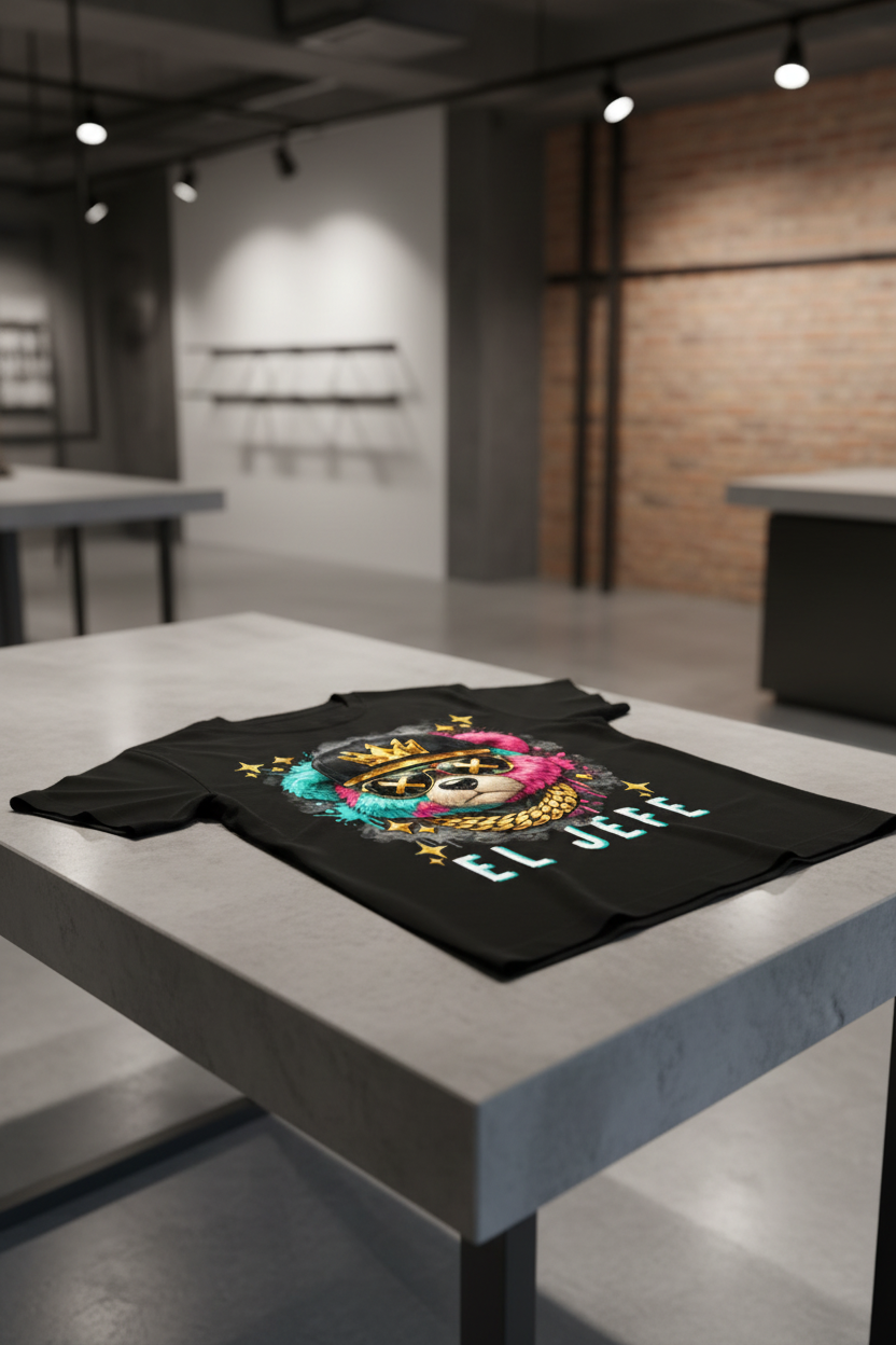 Black t-shirt with a colorful bear graphic and 'EL JEFE' text on a dark background