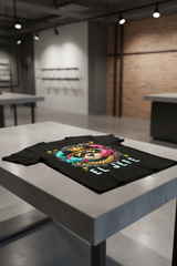 Black t-shirt with a colorful bear graphic and 'EL JEFE' text on a dark background