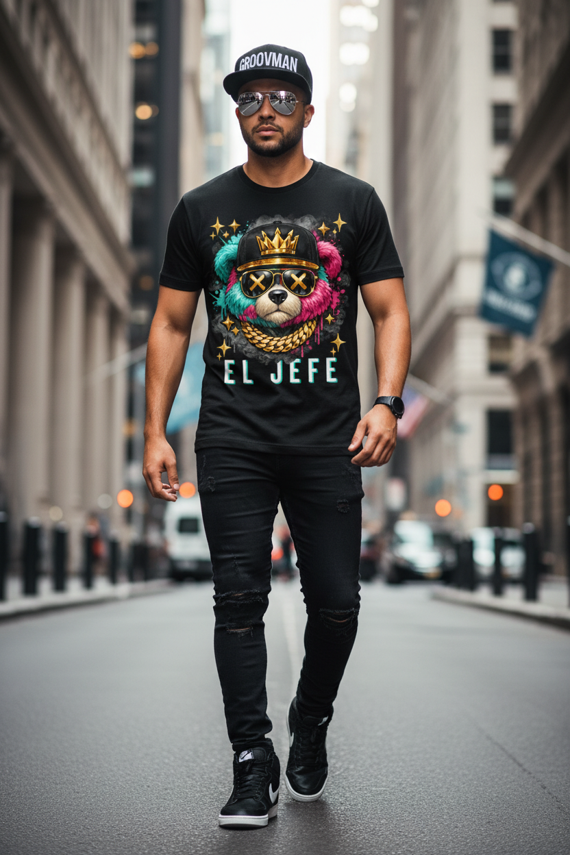 Black t-shirt with a colorful bear graphic and 'EL JEFE' text on a dark background