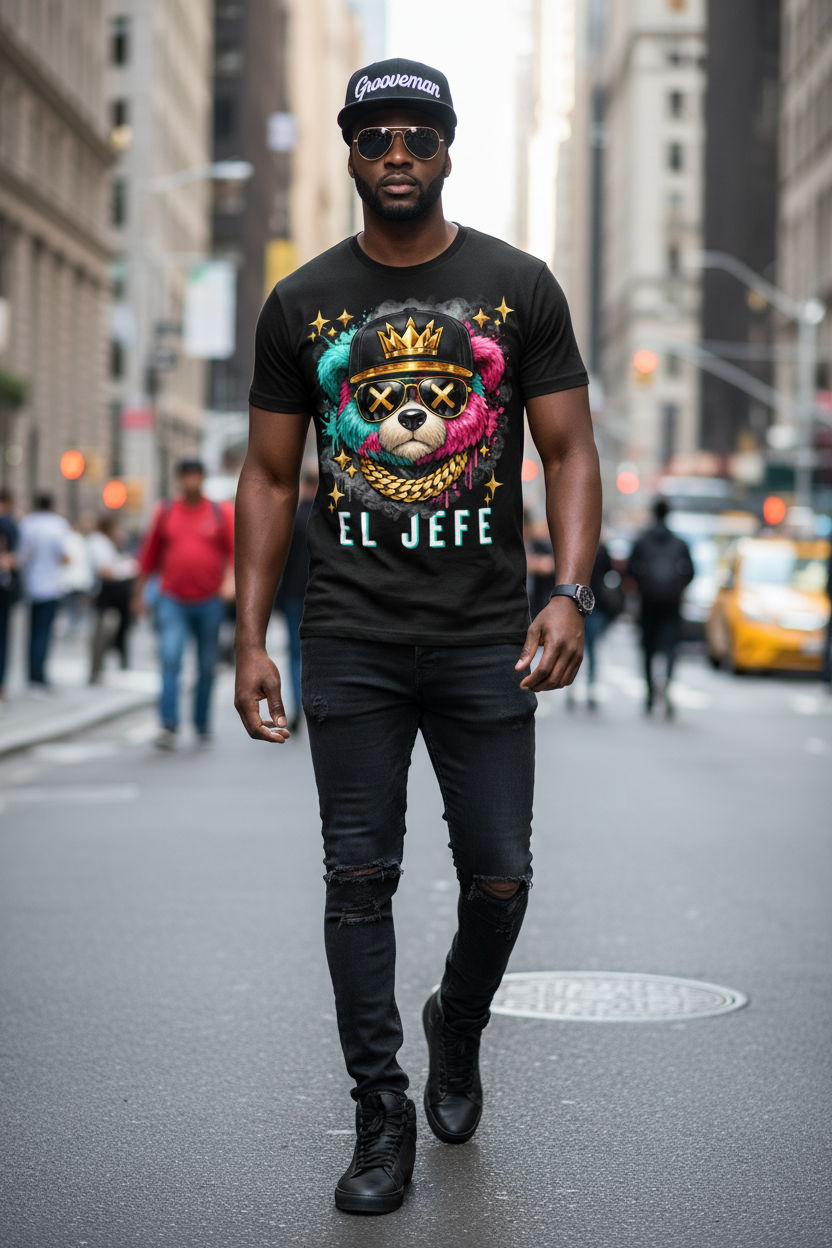 Black t-shirt with a colorful bear graphic and 'EL JEFE' text on a dark background