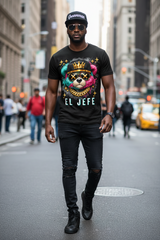 Black t-shirt with a colorful bear graphic and 'EL JEFE' text on a dark background