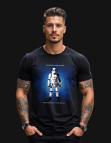 Man wearing a black t-shirt with a stormtrooper graphic on a city street